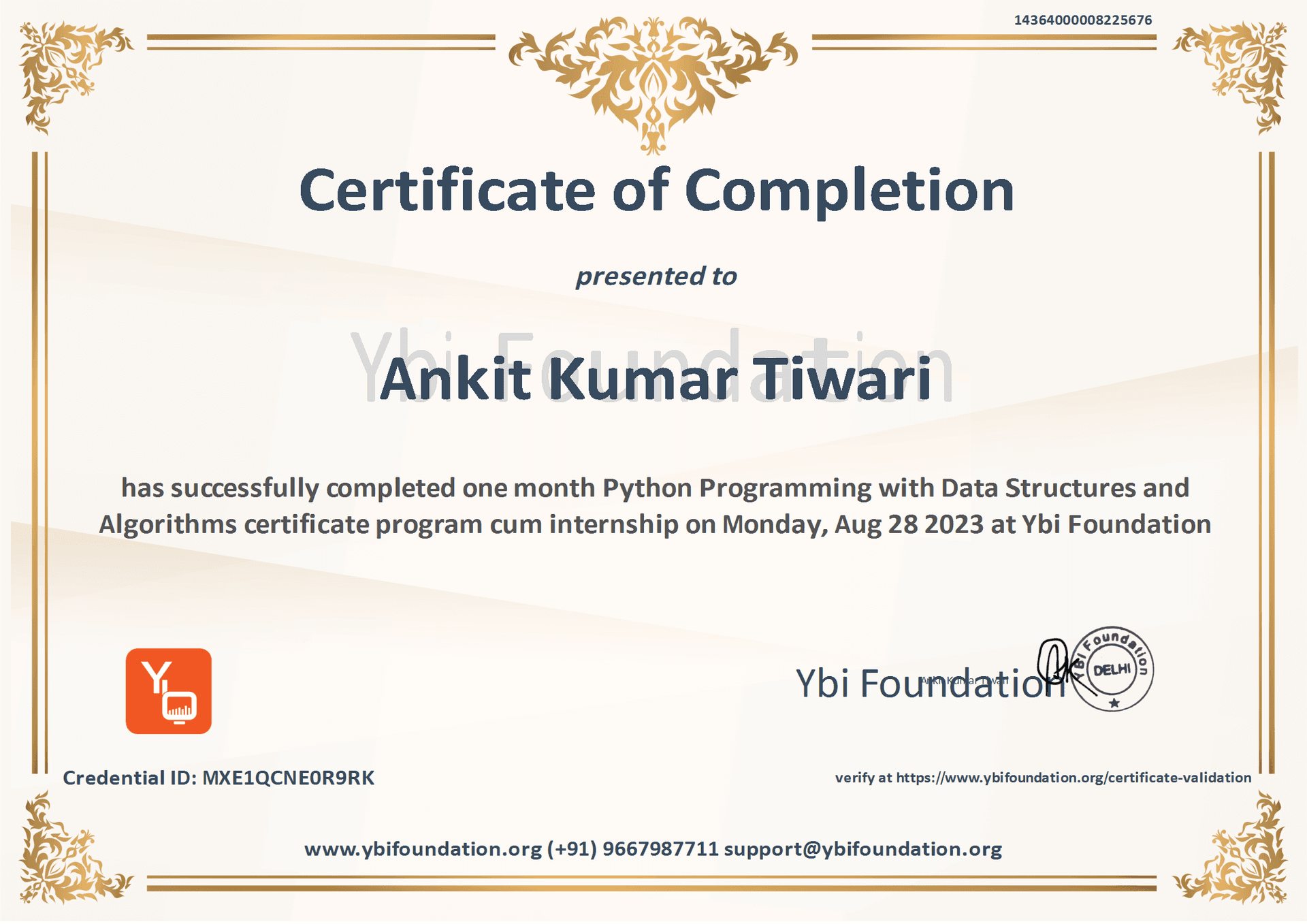Data Structures and Algorithms Internship from YBI Foundation